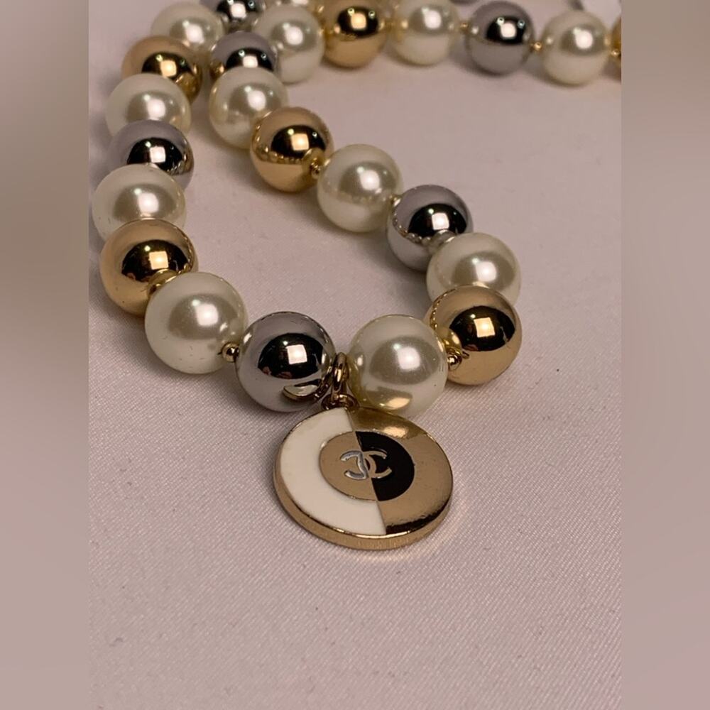Chanel Gold Silver faux pearl Collar Necklace